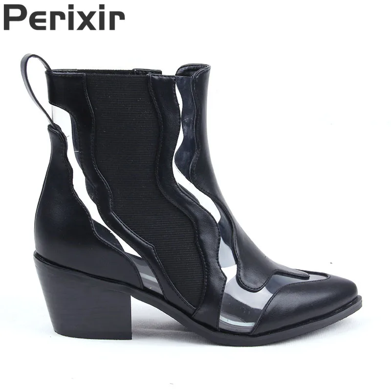 

Perixir Women Boots Transparent PU Leather Square Heel High Quality Ankle Boots Fashion Ladies Shallow Shoes In Stock