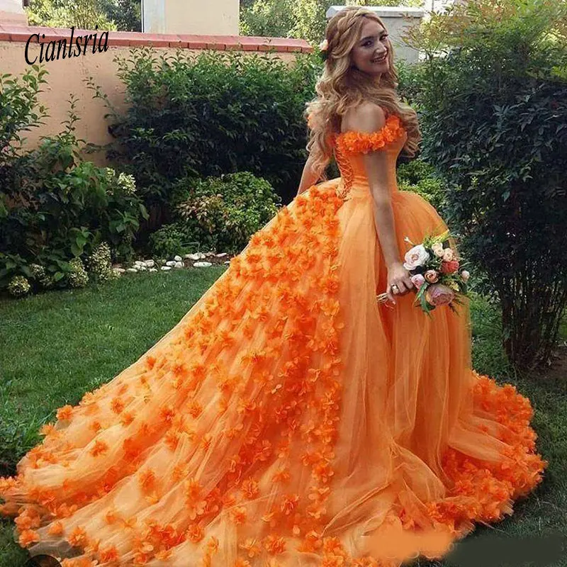 Оранжевое бальное платье ручной работы с цветами Пышное Платье с открытыми плечами со шнуровкой сзади роскошное милое вечернее платье 15