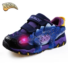 Lumious/Детские светящиеся кроссовки с большим 3D динозавром; обувь из натуральной кожи; детские Нескользящие кроссовки для бега; tenis infantil; 27-34