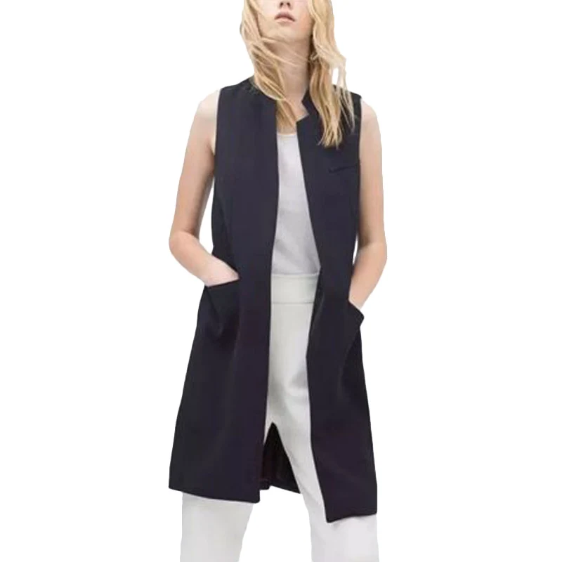 2017 New Womens Fashion Black White Long Vests Sleeveless Pocket Jacket Coat Suit Ladies Casual