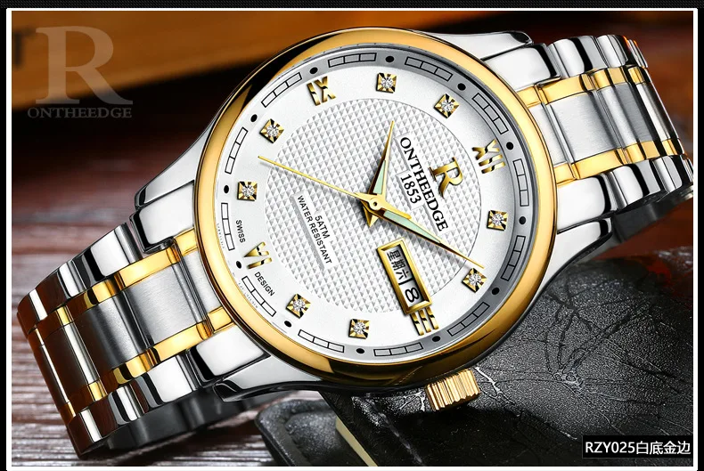 ONTHEEDGE Топ Роскошные мужские часы спортивные водонепроницаемые мужские деловые наручные часы с застежкой из нержавеющей стали мужские классические кварцевые часы подарок