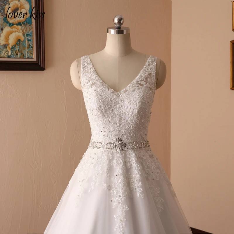 V-neck Beaded Sash Backless A-line Lace Vintage Wedding Dress