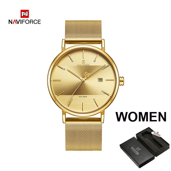 NAVIFORCE Пара часы Элитные кварцевые мужские часы Для женщин простые наручные часы для мужской и женский, водонепроницаемый, подарок для влюбленных часы - Цвет: GoldWomenBox