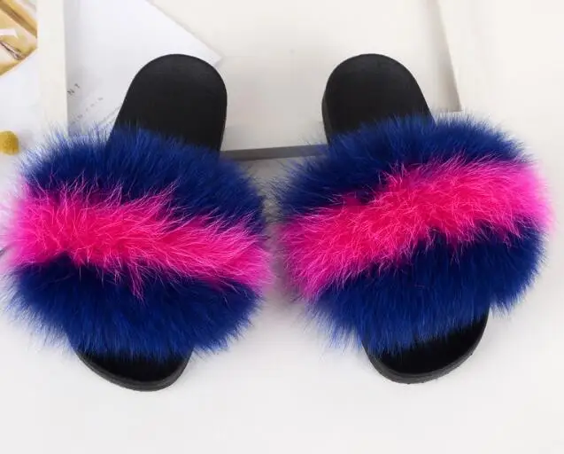 New Mixed Color Real Fox Fur Slippers Slides Casual Shoes Fluffy Slippers Flip Flops Furry Shoes Women - Цвет: see as pic