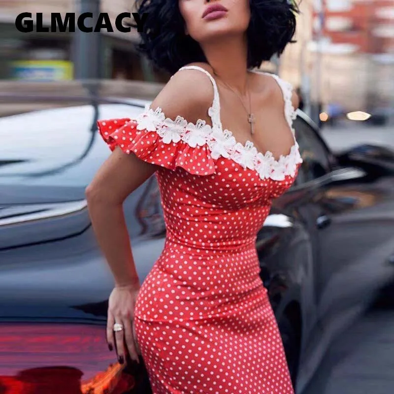

Women Lace Insert Off Shoulder Dress Ladies Spaghetti Strap Polka Dot Midi Dress Formal Party Elegant Vestidos