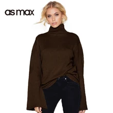 asmax 2017 Fashion Sweater Women Casual Turtleneck Flare Sleeve Solid Coffee Lady Pullovers Brief Female Autumn Sweaters