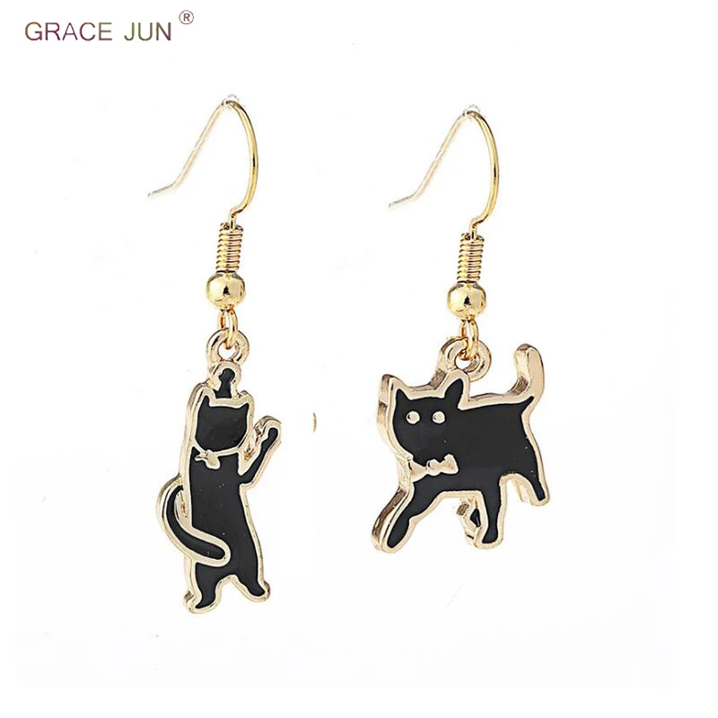 

GRACE JUN Black Color Enamel Funny Small Cat Clip on Earrings and Drop Pierced Earrings for Girl Lovely Sexy Vintage Earrings