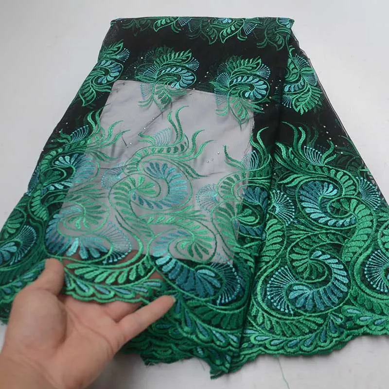 

Latest African Lace Fabric 2019 Dark Green Nigerian Style Tulle Lace Fabric With Stones High Quality French Mesh Lace For Women