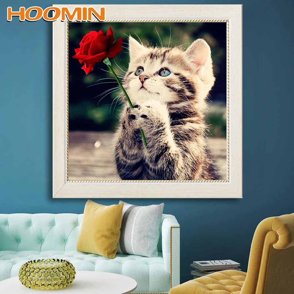 

HOOMIN Diamond Mosaic Home Decoration Diamond Embroidery Kits DIY Rose and Cat Pattern Animals Diamond Painting Cross Stitch