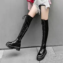 NAYIDUYUN Thigh High Motorcycle Boots Women Lace Up Straps Over The Knee Booties Tall Shaft Punk Sneaker Oxfords Black Creepers nayiduyun thigh high boots women black leather over the knee booties med heel tall shaft punk sneakers chic riding greepers