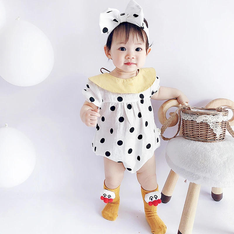 

Summer Cute Baby Girls Romper Dot Short Sleeve Jumpsuit With Headband Casual Outfits Sunsuit Set Baby Kids Clothes MBR289