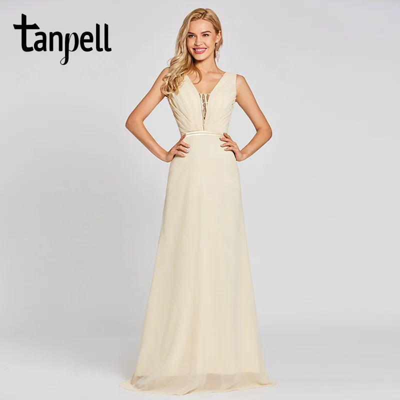 

Tanpell v neck long evening dresses daffodil sleeveless sequins floor length a line gown women prom chiffon formal evening dress