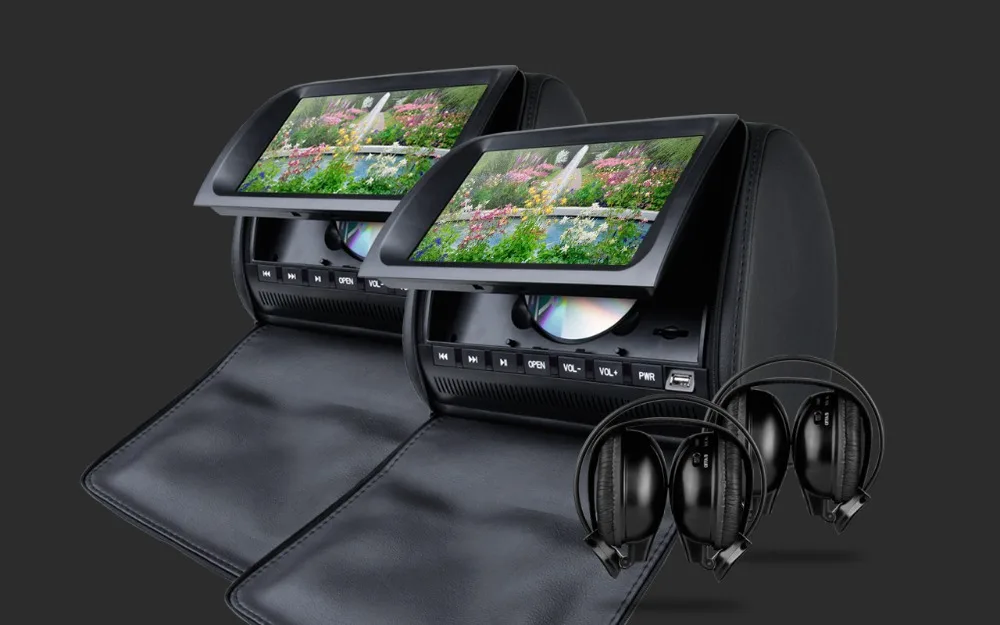 Top 2x9" Black Headrest Car DVD Headrest Car Monitor with DVD USB SD Function & 2 IR Headphones (Beige & Grey Optional) 3