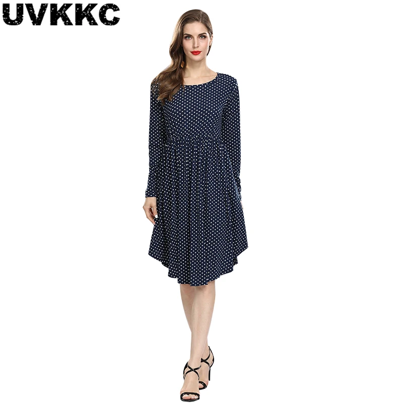 Uvkkc Women Dress Autumn Boho Fashion Femme O-Neck Dot Ruffles Pocket Long Sleeve Vintage Cotton Casual Midi Dresses For | Женская