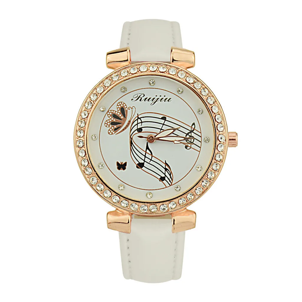 Стильные женские часы с бриллиантами и музыкальными нотами, женские кожаные кварцевые наручные часы, женские спортивные часы Relojes de mujer#40