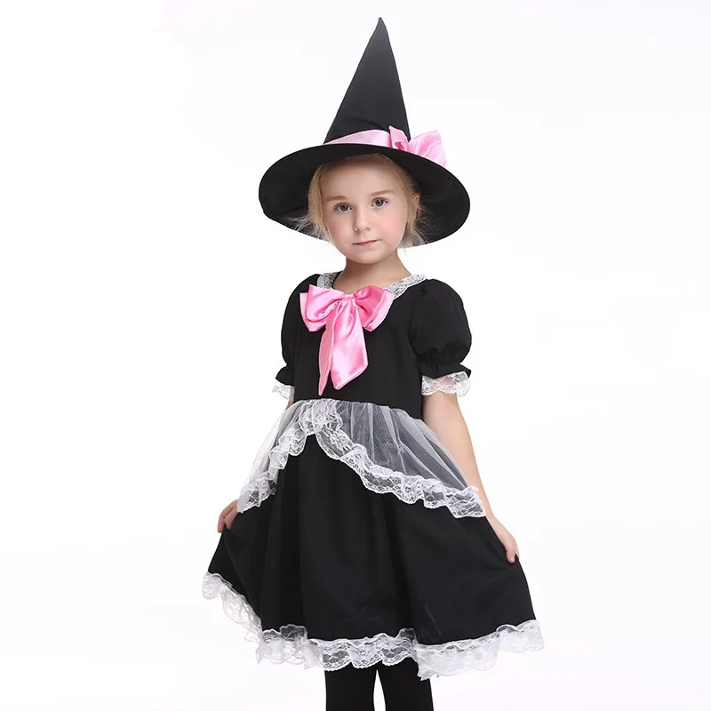 

Kids Girls New Style Halloween Costume Christmas Dress up Party Witch Lace Dress Pink Bow Children Stage Performance Clothes+Hat