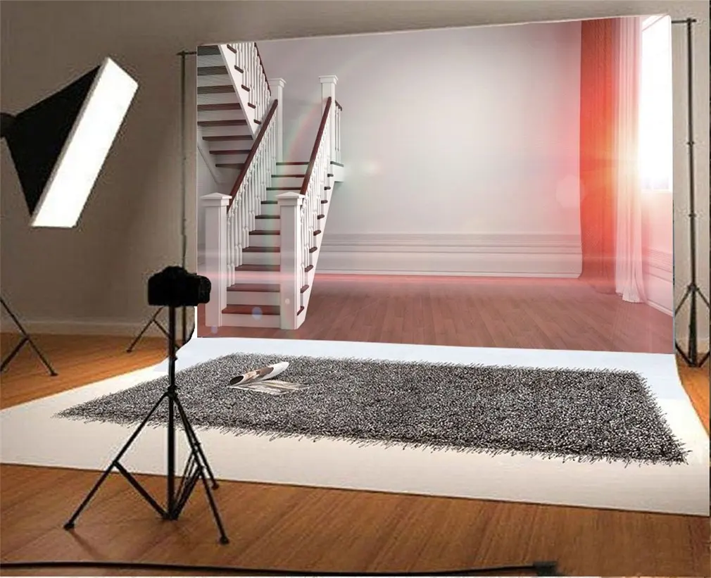 

Photography Backdrop Interior Elegant Spiral Stairs Sun Ray Rainbow White Wall Ric Wood Floor