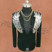 Костюмы с крыльями и блестками, мужские дизайнерские костюмы для выступлений, для певцов, Мужской Блейзер, Одежда для танцев, куртка, звездный стиль, платье, панк, черный