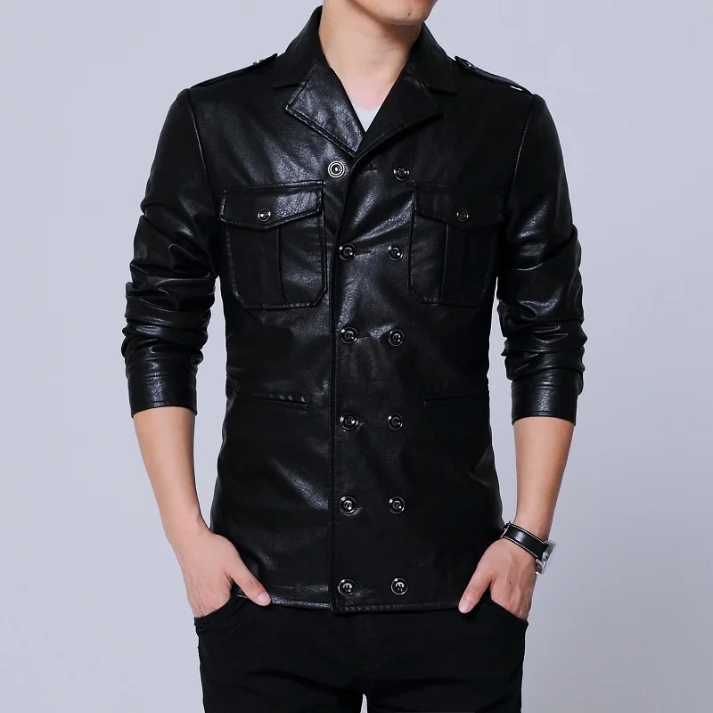 Mens casual jacket faux leather coats black nice quality size M 5XL