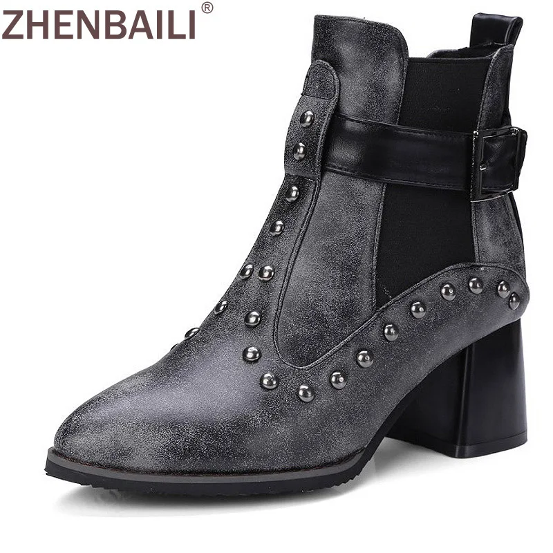 

ZHENBAILI Fashion PU Ankle Boots Short Plush Lining Rivets Bucklet Detail Pointed Toe Martin Boots 6CM High Heel Women Boots