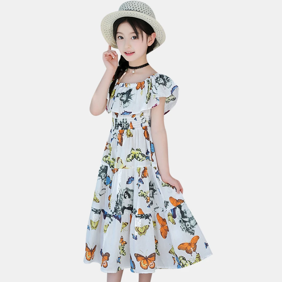 

Girls Dress 2018 Holiday Open Shoulder Beach Dresses For Girls Butterfly Kids Dresses Teenage Clothing For Girls 4 6 8 14 Years