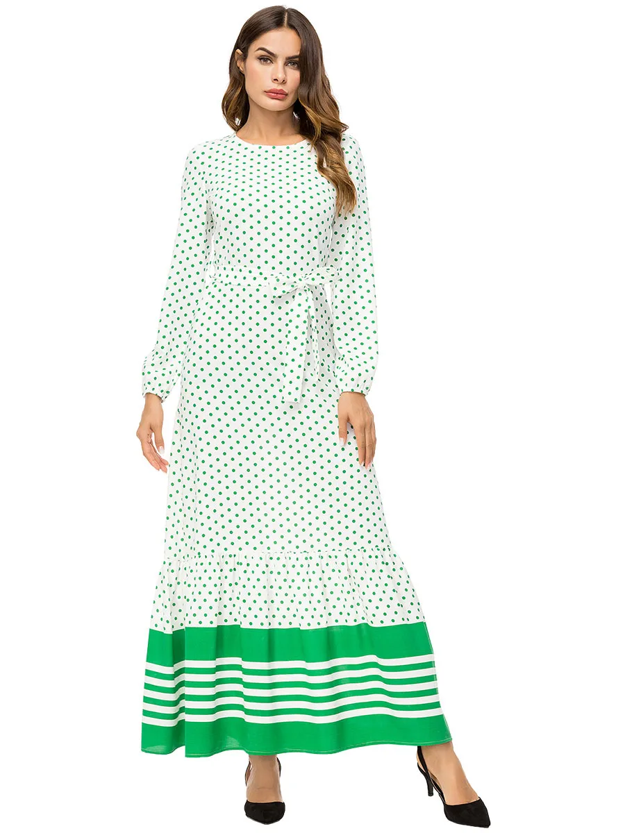 Casual Polka Dot Striped Maxi Dress Muslim Abaya Belt Kimono Long Robe ...