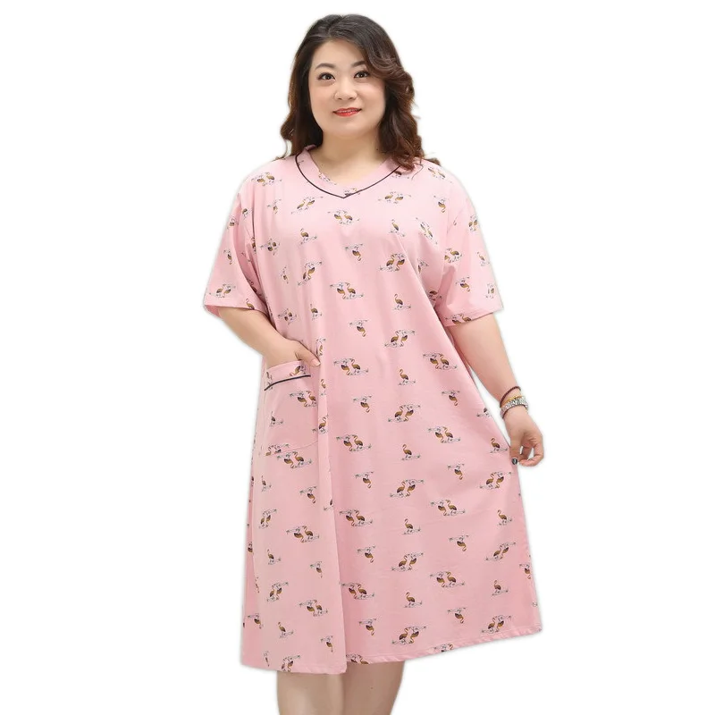 Большие размеры, Милая женская ночная рубашка с фламинго, 5XL, XXXXXL, хлопок, одежда для дома, длинное платье для женщин, сексуальное платье для мамы с v-образным вырезом