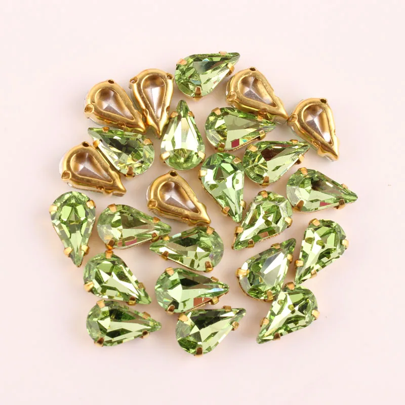 Sew on Rhinestones 6x10MM 100pcs Peridot Water drop glass Stones Gold