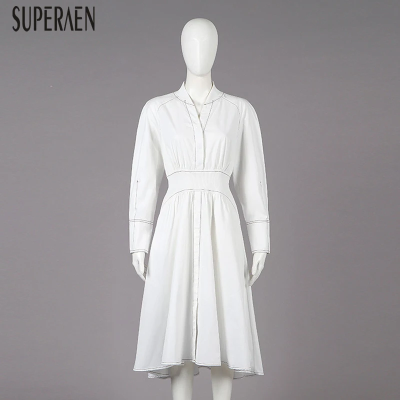 

SuperAen Fashion Autumn New 2019 Dress Female Solid Color Cotton Women Dress Long Sleeve V Neck Europe Women Clothing