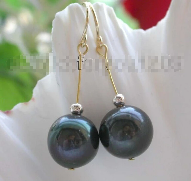 

Genuine Natural 11.5mm black Round pearl earrings 14KGP #f1270! *l