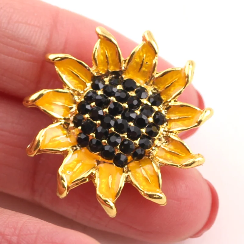 

Ibryant Gold Sunflower Snap Buttons Black Full Rhinestone Stone Buttons Fit 18mm/20mm DIY Snap Bracelet Buttons Jewelry IB575