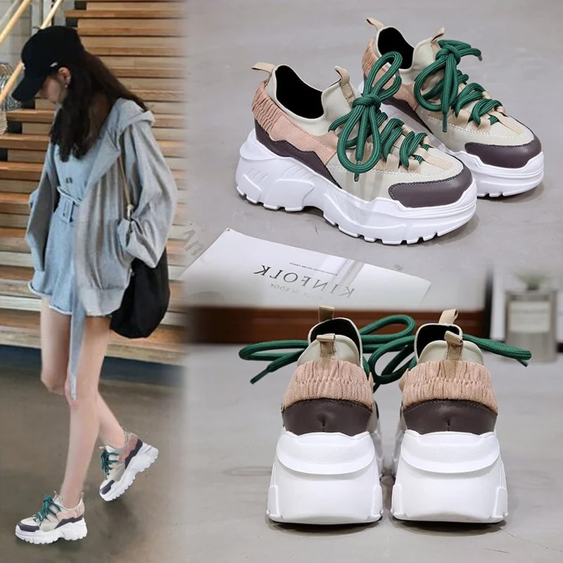 

New 2018 Spring Autumn Ladies Shoes Black Lace-Up Casual Shoes High Platform Shoes Women Sneakers Flats tenis size 35-40