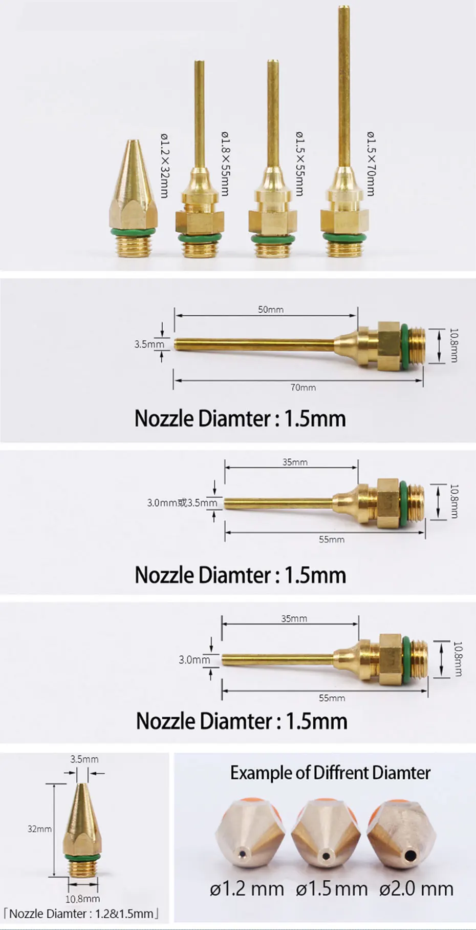 Hot Melt Glue Gun Long Nozzle Large Diameter Small-bore 1.0x36mm 1.5x55mm 1.5x70mm High Quality Steel Material with Wrench 3Pcs