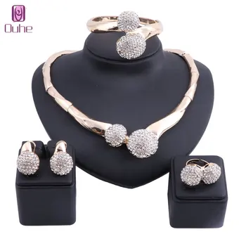 

Dubai Gold Color Crystal Necklace Earring Jewelry Set Women Costumer Nigerian Wedding Fashion African Beads Jewelry Set