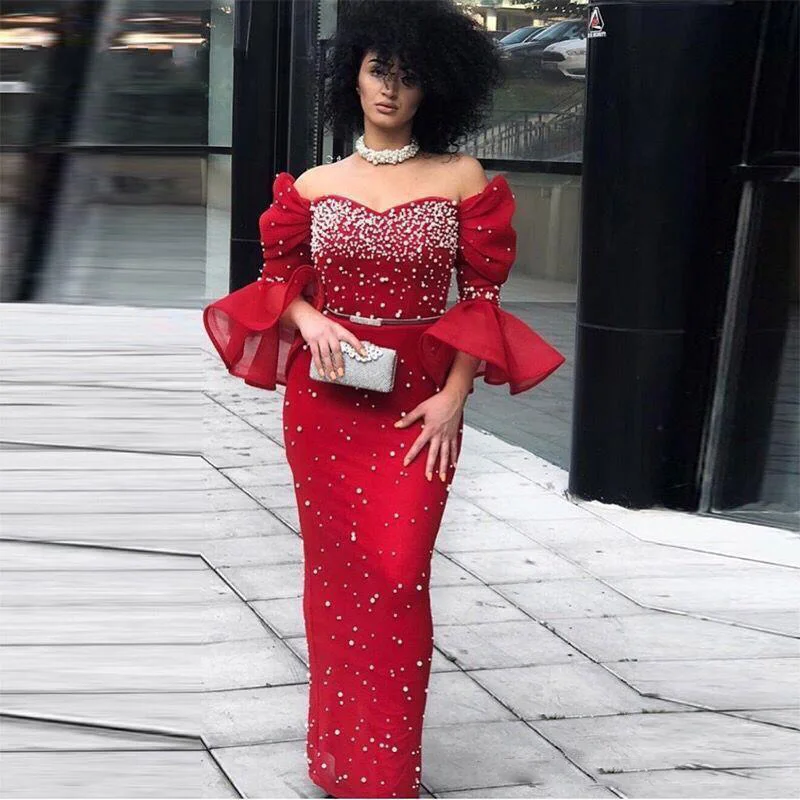 Abendkleider Dark Red Arabic Long Evening Dresses 2019 Dubai Pearls Formal Prom Gowns robe de soiree Party Wear 169