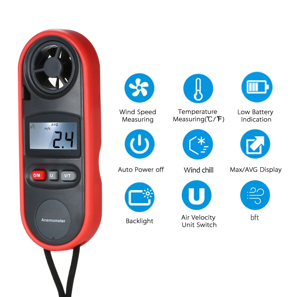 2 в 1 Анемометр-термометр цифровой анемометр измеритель скорости ветра датчик температуры Большой ЖК-дисплей с подсветкой