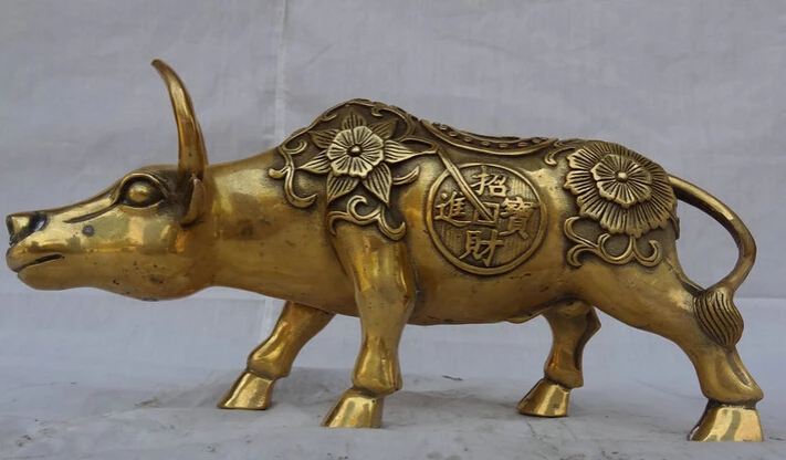 

S5007 11" Chinese Brass Folk Animals Year Zodiac FengShui Wealth Flower Bull Ox Statue D0317