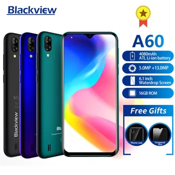 Перейти на Алиэкспресс и купить Новое поступление, смартфон Blackview A60, аккумулятор 4080 мАч, 19:9 6,1 дюйма, двойная камера, 1 ГБ ОЗУ 16 Гб ПЗУ, мобильный телефон 13 МП + камера 5 Мп