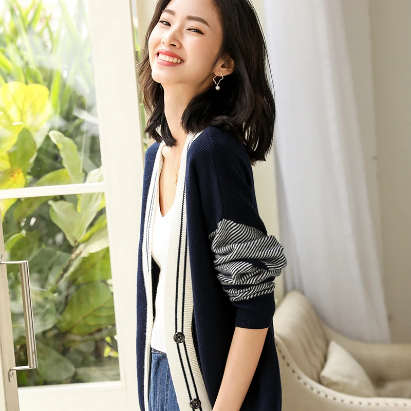 LHZSYY SpringAnd Autumn New Women's Cashmere Cardigan Sweater V-neck Large Size Stitching Knitted Wild Wool Cardigan Loose Shirt