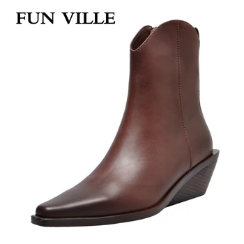 

FUN VILLE New Fashion Autumn Winter Women Ankle Boots Square Toe Genuine Leather Boot Wedges Chelsea Boot Sexy Ladies Flats shoe