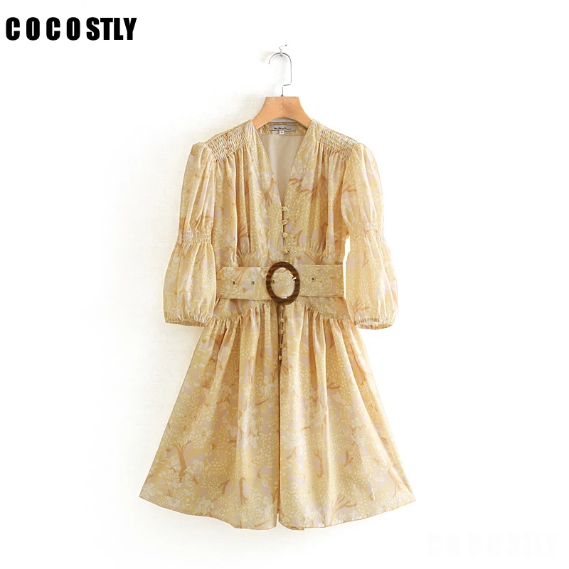 

Vintage Floral Print Mini Dress 2019 Elegant V Neck Single Breasted Waist Belt Dresses Vacation Party Dresses