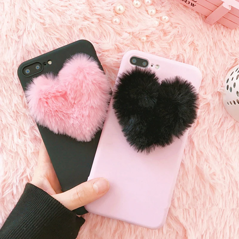 

3D Cartoon Love Heart case for iPhone XS Max 5 5s 6 6S 7 8 Plus Rabbit Fur plush super cute soft TPU cover for iPhone XR
