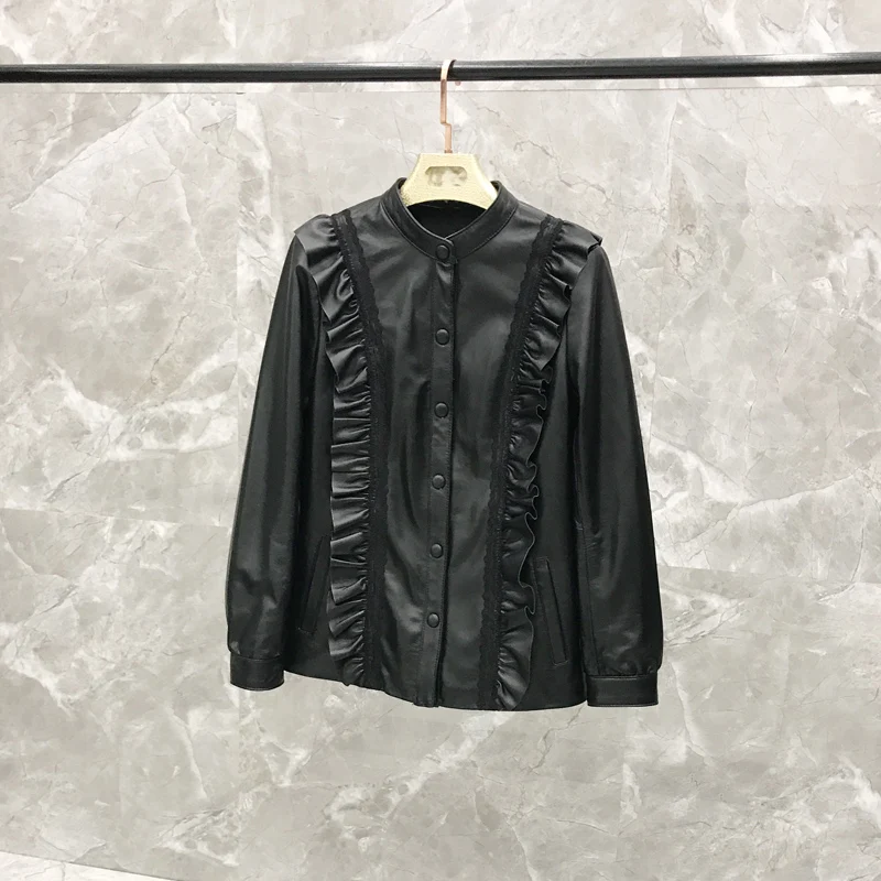 2019 Spring  New Fashion Wild Temperament Ruffled Collar Collar Sheepskin Shirt  Jacket Women
