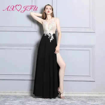 

AXJFU Model Perspective white lace black chiffon illusion Evening Dresses Sexy Deep V-neck KTV Perspective sleeveless Dresses