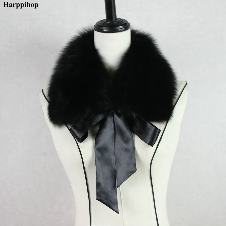 Harppihop* Модный меховой шарф из натурального меха енота, меховые воротники с лентой, натуральный меховой палантин для шерстяных пальто 48 см - Цвет: black