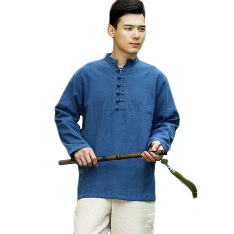 Podzimní čínský lidový styl retro žába literární čisté lněné pánské košile pánské přírodní lněné košile slim muži