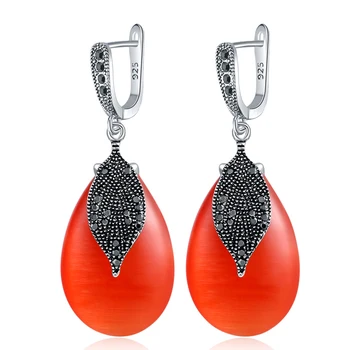 

Ajojewel Luxury Green/Red Stone Drop Earrings For Women With Black Rhinestone Leaf Antique Silver Color Plated Party Accessories