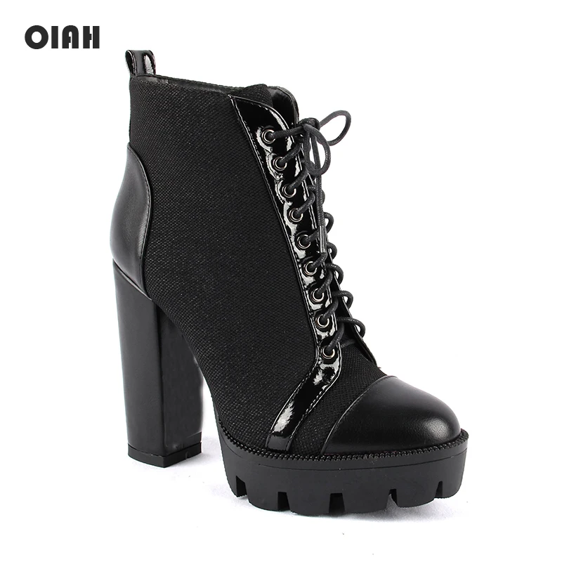 

2019 Fashion Booties Motorcycle Heeled Boots Women Platform Heels Casual Shoes Lacing Round Toe Shoes Ladies Autumn Boots Black