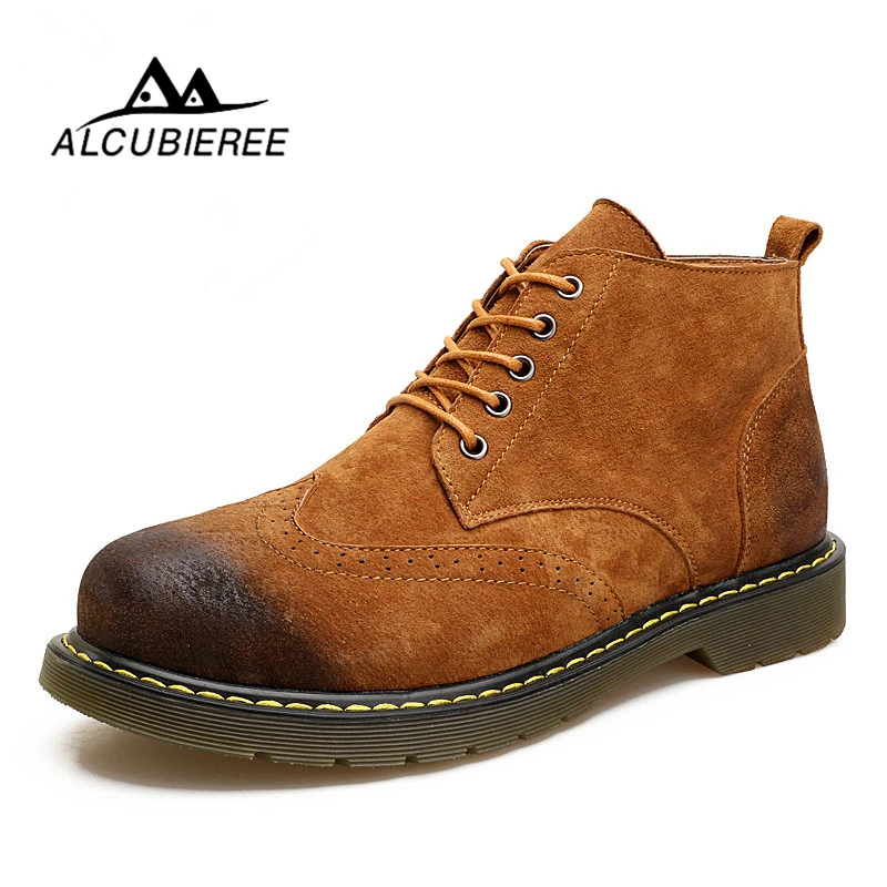 

ALCUBIEREE Leather Casual Boots Men Winter Warm Snow Boots Fashion Male Lace-Up British Style Mid-calf Shoes Martin Men Boots