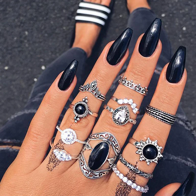 

12 Pcs/ Set Boho Female Sun Water Drop Crown Round Gem Geometric Crystal Silver Ring Set Fashion Party Clothing Accessories